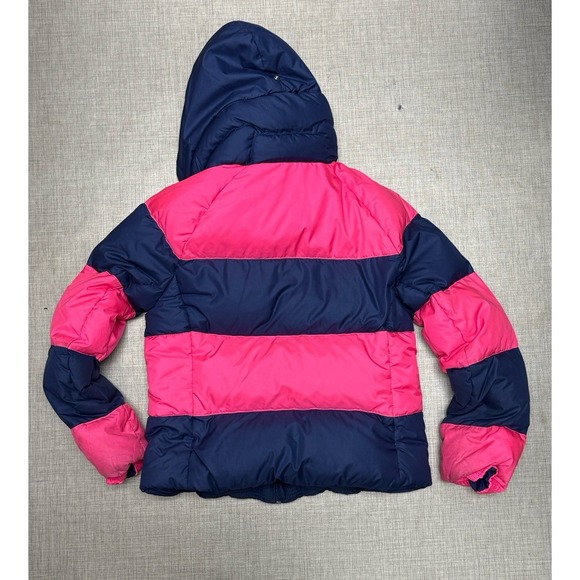 Ralph Lauren Jacket Girls Large  12-14 Pink  Blue Down Stripe Puffer Hooded Coat - Picture 2 of 9